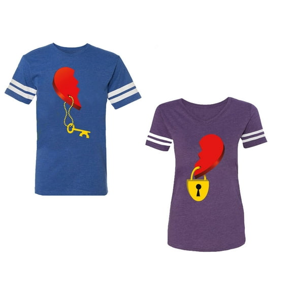 Heart Key Lock Unisex Couple Matching Cotton Jersey style T-Shirt Contrasting stripes on sleeves (Men Royal / Women Purple) (Men XL / Women L)