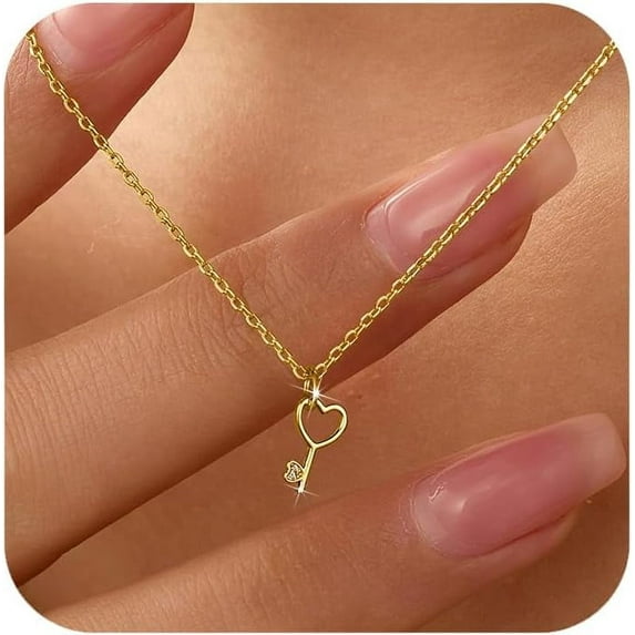 Heart Key Necklaces for Women 14K Gold Plated Love Heart Charm Pendant Necklace 925 Sterling Silver Key Chain Necklace Jewelry Christmas Gifts for Couple Girlfriend Daughter