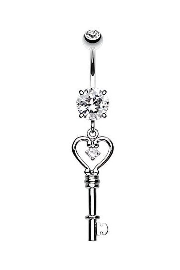 Heart Key Sparkle Belly Button Ring Clear 14G
