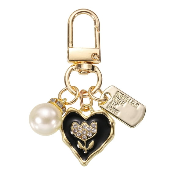 Heart Keychain Charm for Women, Metal Cute Heart Tulips & Pearl Purse Bag Charm for Car Keyring (Black/White/Gold)