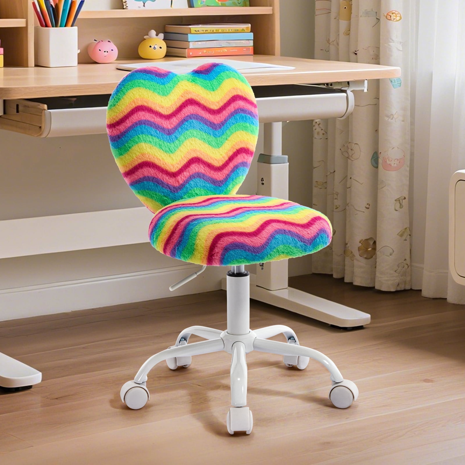 Heart Kids Desk Chair，Girls Desk Chairs,Comfy Swivel Computer Chair for Girls Room, Fluffy Kids Office Chair for Reading & Vanity，Rainbow