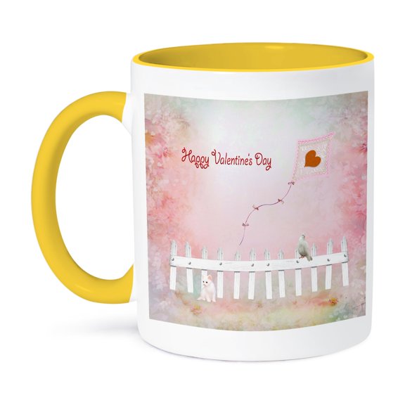 3drose, Heart Kite Flying, White Kitten, White Bird on Fence, Valentine, 11oz Two-tone Yellow Mug