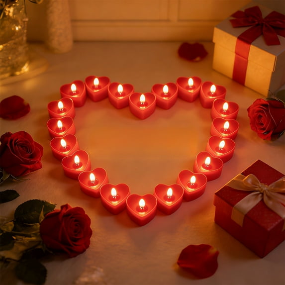Heart LED Tea Lights Set of 24, Battery Operated Flameless Flickering Candles for Wedding Party Decoration(Red)