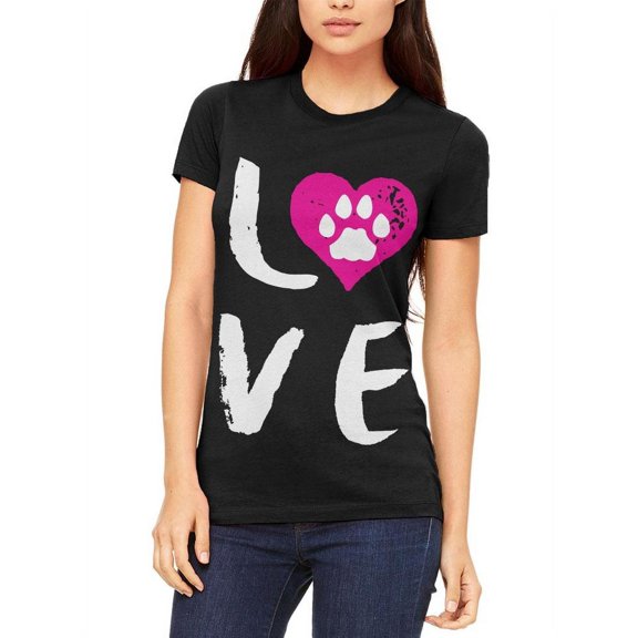 Heart LOVE Cat Dog Paw Juniors Soft T Shirt Black X-LG