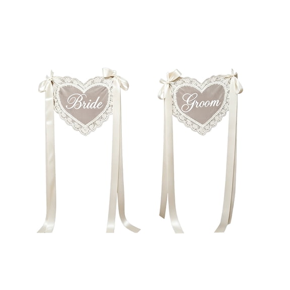 Heart Lace Chair Sashes with Long Ribbon Ties 2PCS Elegant Wedding Signs, Organza Chair Cover Bride & Groom Chair Back Decorations for Wedding Engagement Reception Anniversary Party