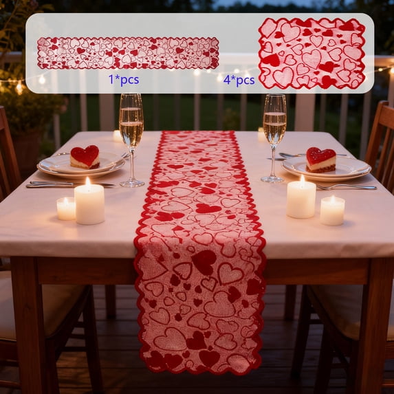Heart Lace Table Runner, Valentine's Day Placemat Set, Romantic Dining Decor for Wedding Anniversary Dinner(C)