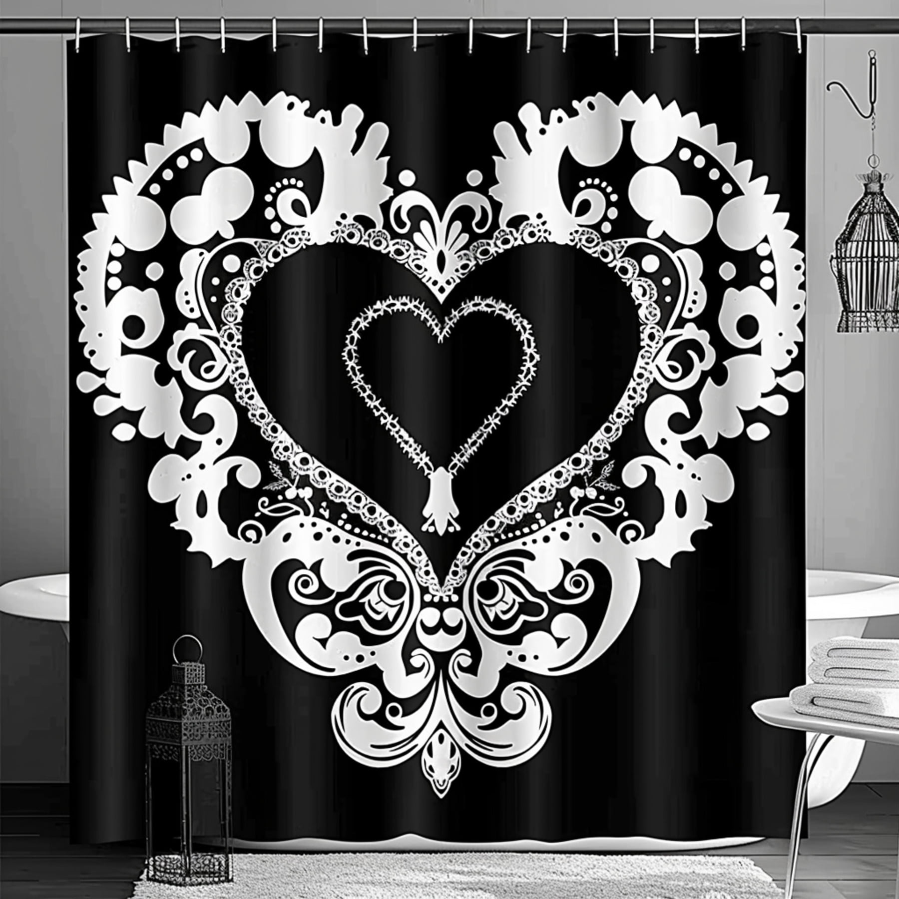 Heart Lace Vintage Style Shower Curtain Black White Bathroom Decor