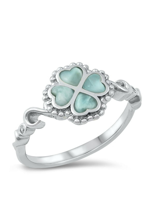 Heart Larimar Four Leaf Clover Ring Size 8