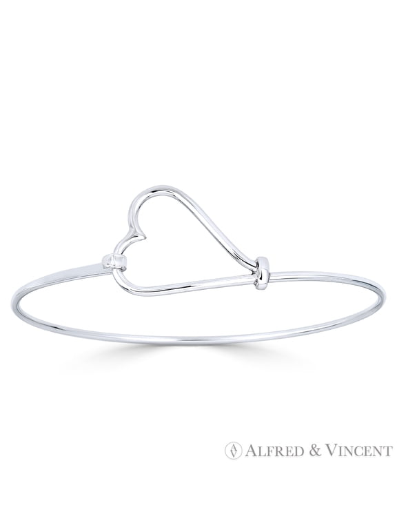 Heart-Lasso Love Charm Cuff Bangle Bracelet in .925 Sterling Silver