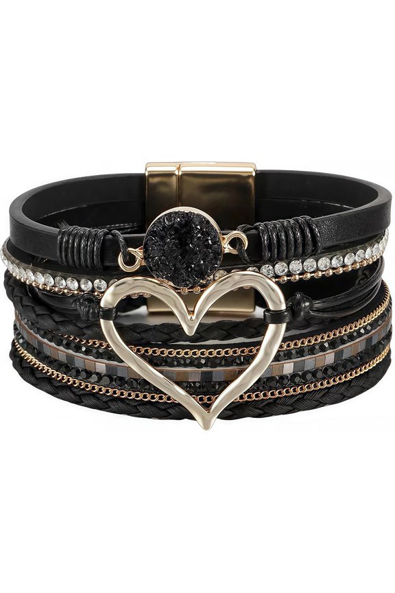 Heart Leather Wrap Bracelet - Stackable Boho Cuff with Resin Gems &, Crystal, Style I0442