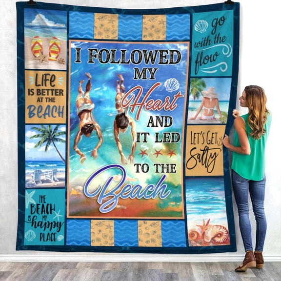 Heart Led To The Beach Coastal Theme Cozy Fleece Blanket, 50x60in Fleece Blanket