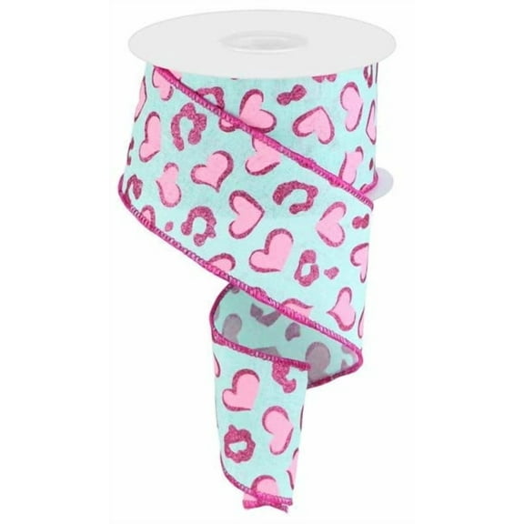 Heart Leopard Spots on Royal Canvas Wired Edge Ribbon - Valentines Day - 10 Yards (Mint, Light Pink, Hot Pink, 2.5")