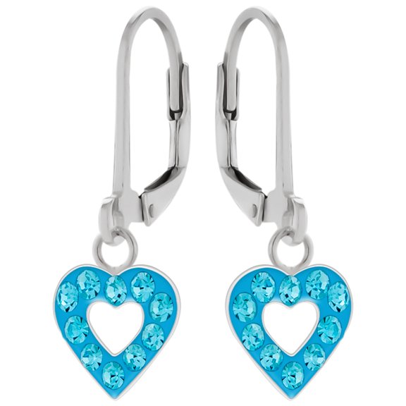 Heart Leverback Earrings 925 Sterling Silver Jeweled with Aqua Crystals