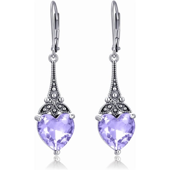 Heart Leverback Earrings 925 Sterling Silver Vintage Retro Drop Dangle Earrings with 10mm Heart Birthstone Crystal, Anniversary Birthday Jewelry Gifts for Her Women