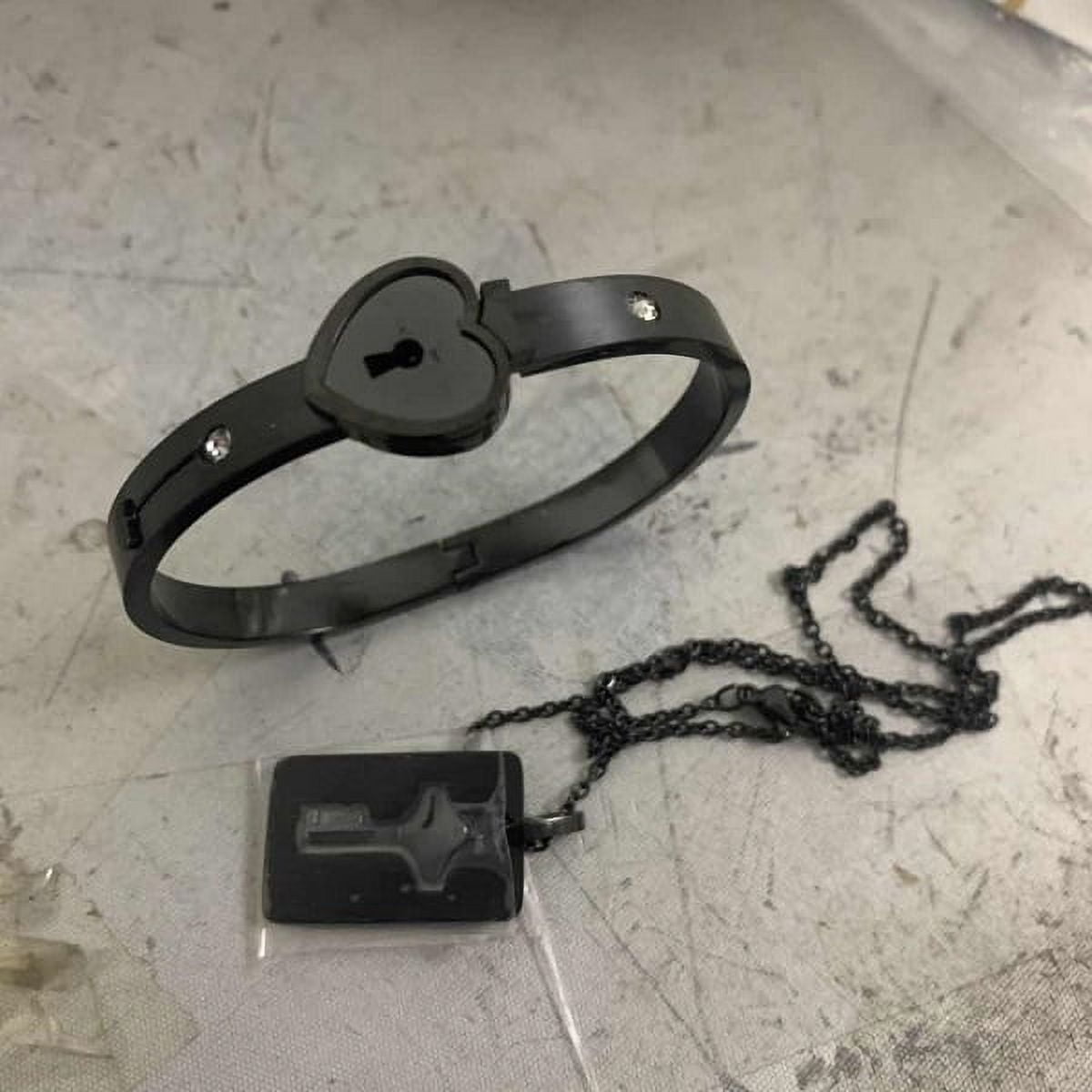 Heart Lock Bracelet and Key Necklace Set, Titanium and Stainless Steel