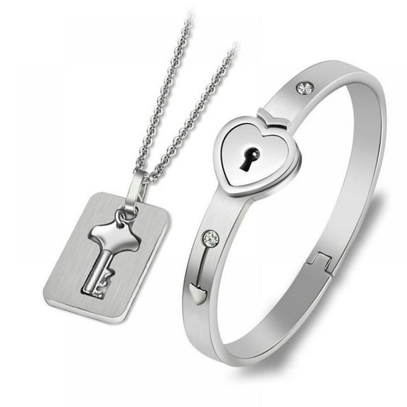 Heart Lock Bracelet and Key Necklace Set, Titanium and Stainless Steel Concentric Lock Couple Necklace & Bracelet for His & Hers Love Heart Key Lock Jewelry Matching