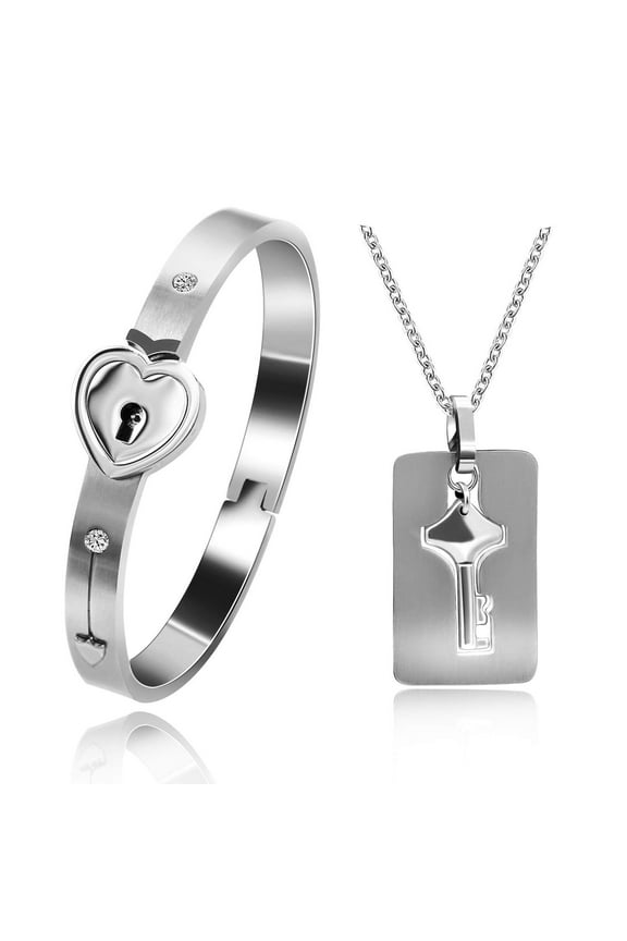 Heart Lock Love Bracelet Bangle and Key Necklace Pendant Lover Jewelry Set for Couples Men and Women (2.4inch-White)
