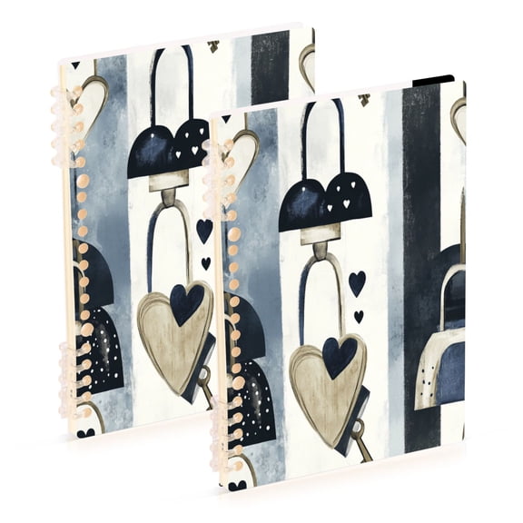 Heart Lock Pattern 2-Piece A5 PP Notebooks, Adjustable Rings, 80g Paper, Diary Set