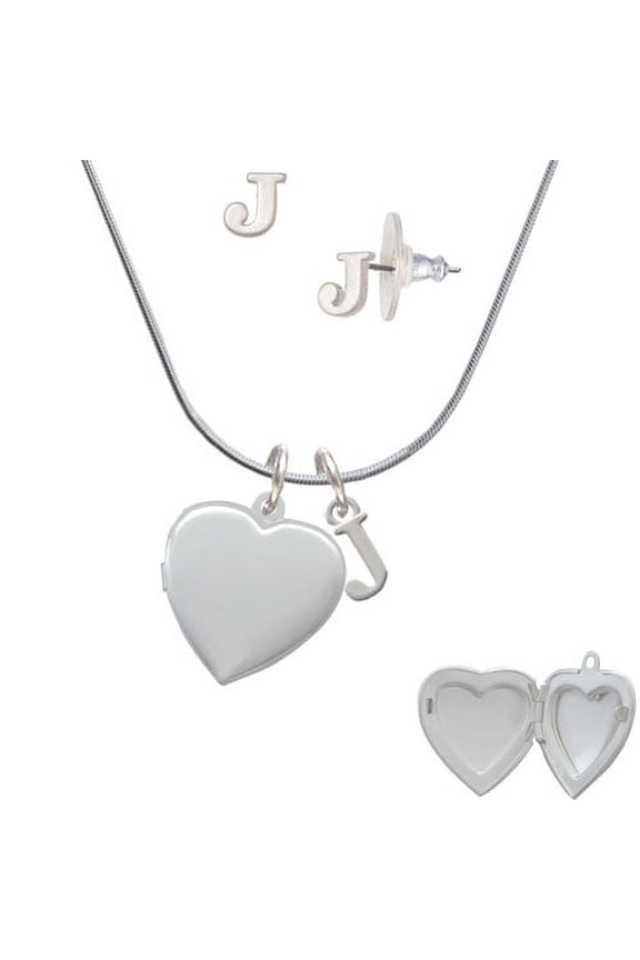 Heart Locket - J Initial Charm Necklace and Stud Earrings Jewelry Set