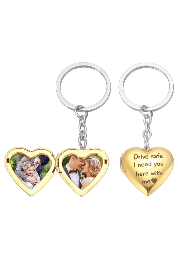 Heart Locket Keychain for Women, Gold Stainless Steel Photo Keychain