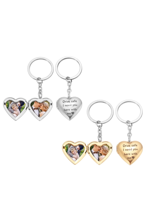 Heart Locket Keychain for Women, Silver Rose Gold Stainless Steel Photo Keychain