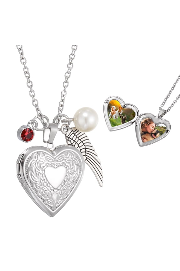 Heart Locket Necklace for Women with January Ruby Red Birthstone Pendant and Wing Charm&Pearl Locket Necklace Heart Pendant for Women That Holds Photo Valentines Birthday Gift