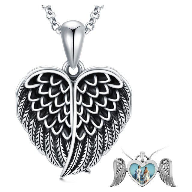 925 Sterling Silver Heart Locket Necklace, Angel Wings Pendant with