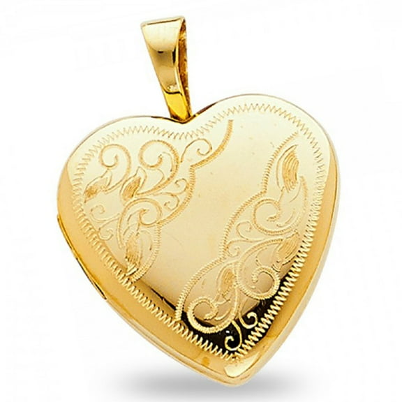 Heart Locket Pendant Solid 14k Yellow Gold Engraved Love Charm Holds Pictures 16 x 16 mm