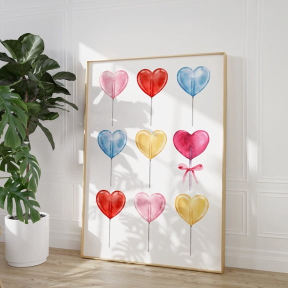 Heart Lollipop Print Pink Bow Heart Candy Valentine Nursery Decor Unframed Paper Print