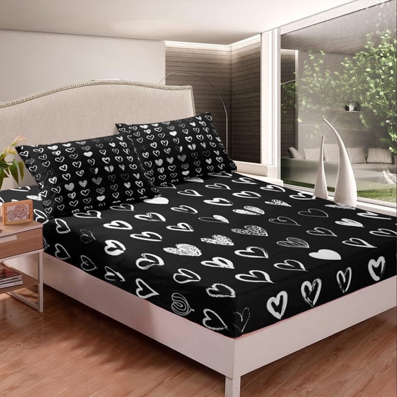 Heart Love Bed Sheets Set Romantic Love Pattern Sheet Set Valentine's Day Sheets with Deep Pocket Fitted Sheet Black and White Bedding Set