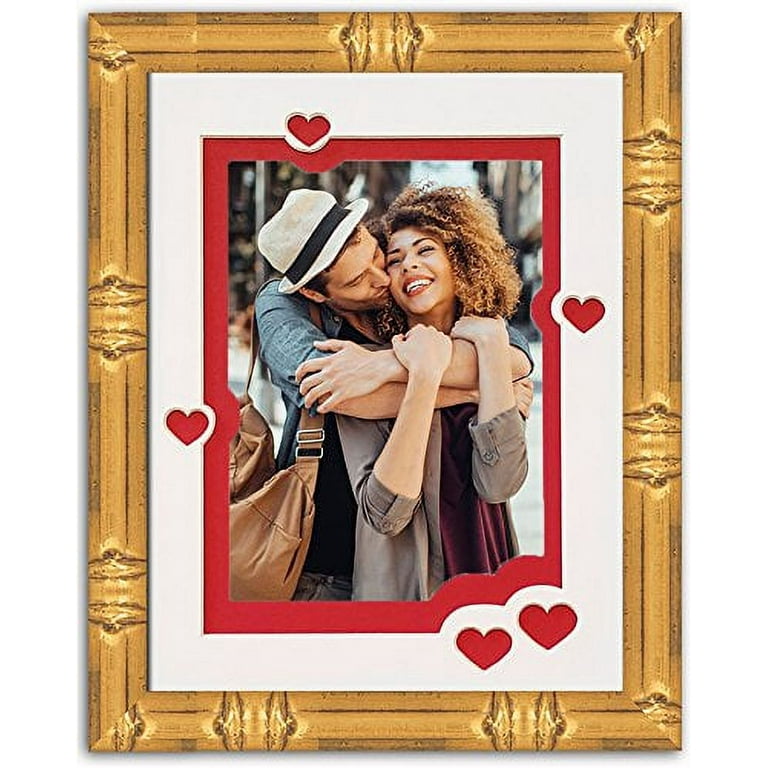 CustomPictureFrames Heart & Love Picture Frame - Gold Wood Frame with Heart Shaped Double Mat for 4x6 Photo