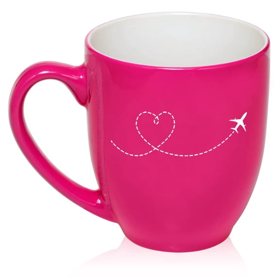 Heart Love Travel Airplane Ceramic Coffee Mug Tea Cup Gift for Her, Sister, Wife, Best Friend, Birthday, Cute, Boss Graduation, Travel Lover, Pilot, Flight Attendant, Housewarming (16oz Hot Pink)