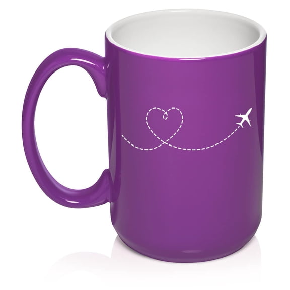 Heart Love Travel Airplane Ceramic Coffee Mug Tea Cup Gift for Her, Sister, Wife, Best Friend, Birthday, Cute, Boss Graduation, Travel Lover, Pilot, Flight Attendant, Housewarming (15oz Purple)