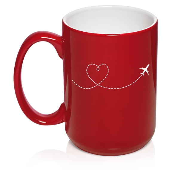 Heart Love Travel Airplane Ceramic Coffee Mug Tea Cup Gift for Her, Sister, Wife, Best Friend, Birthday, Cute, Boss Graduation, Travel Lover, Pilot, Flight Attendant, Housewarming (15oz Red)