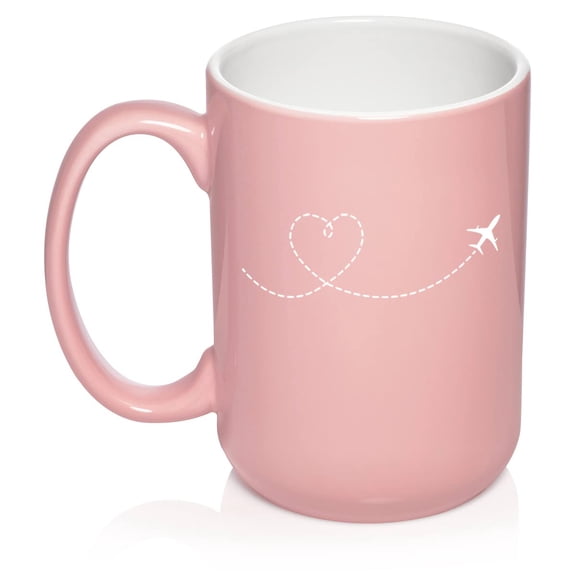 Heart Love Travel Airplane Ceramic Coffee Mug Tea Cup Gift for Her, Sister, Wife, Best Friend, Birthday, Cute, Boss Graduation, Travel Lover, Pilot, Flight Attendant, Housewarming (15oz Light Pink)