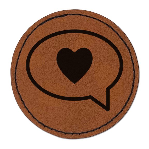 Heart Love in Text Callout 2.5" Faux Leather Round Engraved Iron-On Patch - Brown