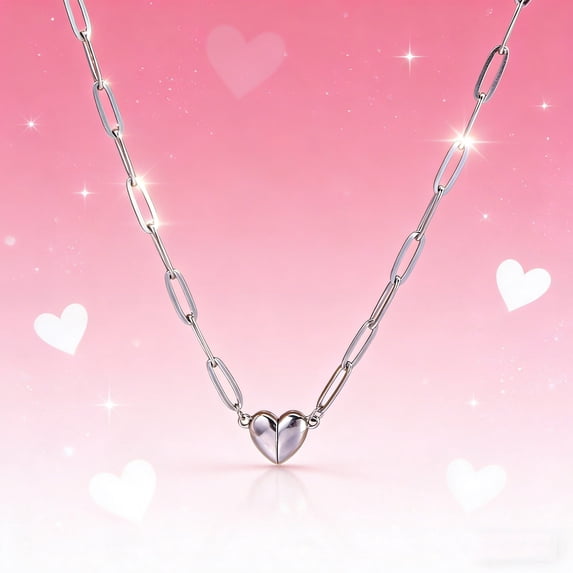 Heart Magnetic Necklace, Spring Clasp Love Pendant Chain, Romantic Magnetic Clavicle Necklace, Sweet Jewelry Gift for Women, Lover, Valentine & Festival Gifting, Silver