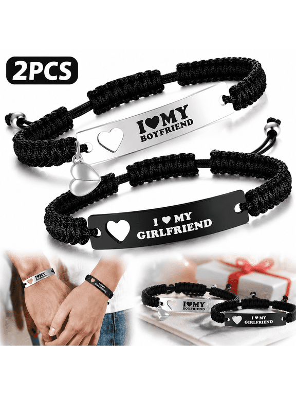 Heart Matching Couples Bracelets - Adjustable Braided I Love My Boyfriend Girlfriend Long Distance Bracelets, Lovers His Hers Relationship Promise Bracelet Jewelry Anniversary Birthday Gifts