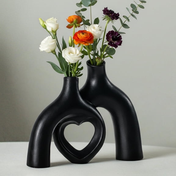 Heart - Matte Black Donut Ceramic Decorative Vase Set for Home Decor
