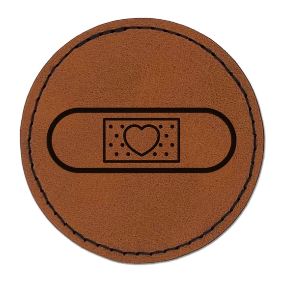 Heart Medical Bandage Love Hope Healing 2.5" Faux Leather Round Engraved Iron-On Patch - Brown