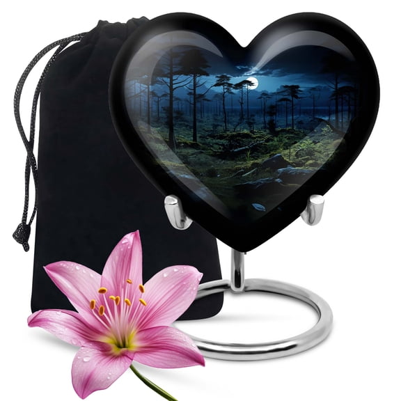 Heart Memorial Urn Male & Female, Moonlit Forest Urns For Adult Ashes Women, Display Stand, Velvet Bag, Adult Urns For Human Ashes, Urns For Ashes, Funeral Burial Urns For Remains -8 Inch