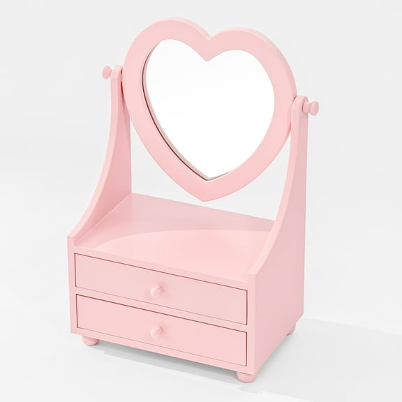 Heart Mirror Jewelry Organizer with 360° Rotating Mirror, Drawers & Soft Lined Interior