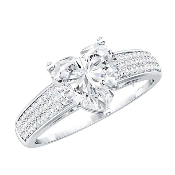 Rosec Jewels Moissanite Heart Shaped Engagement Ring with Side Stones - 2 Carat - 8 mm - D-VS1 Quality Certified, 14K White Gold, US 12.50