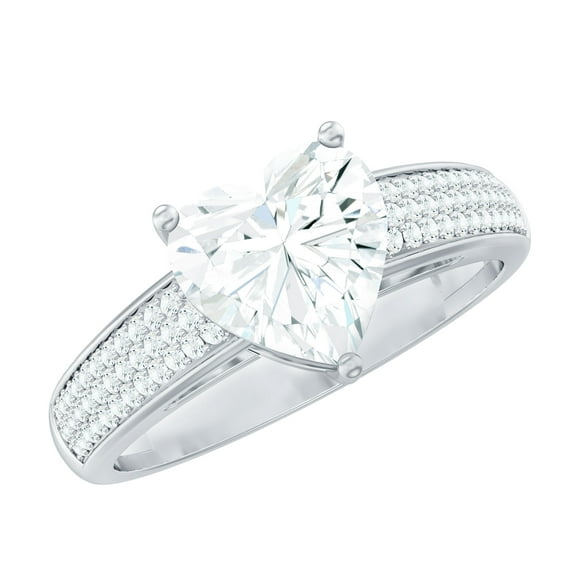 Rosec Jewels Moissanite Heart Shaped Engagement Ring with Side Stones - 2 Carat - 8 mm - D-VS1 Quality Certified, 14K White Gold, US 13.00