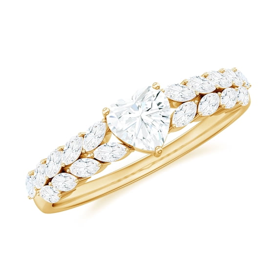 Rosec Jewels Moissanite Heart Engagement Ring with Side Stones - 1/2 Carat - 5 mm - D-VS1 Grade Certified, 10K Yellow Gold, US 9.00