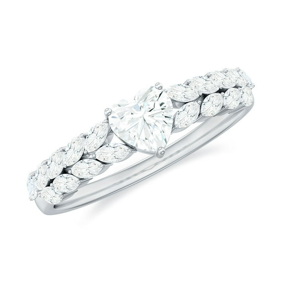 Rosec Jewels Moissanite Heart Engagement Ring with Side Stones - 1/2 Carat - 5 mm - D-VS1 Grade Certified, 14K White Gold, US 8.00