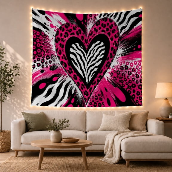 Heart Motif with Zebra Stripes and Leopard Rosettes Against White Background, Playful Abstract for Animal Lovers Pop Art Decor, Birthday Gift Tapestry Wall Hanging for Bedroom and Living Room
