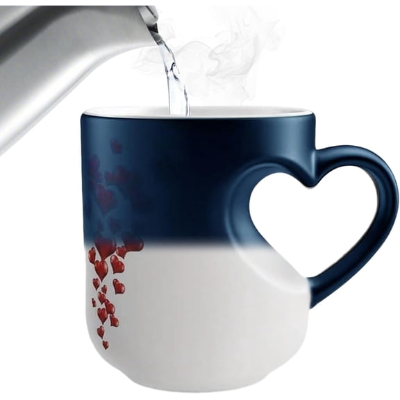 Heart Mug - Heart-Shaped Color Changing Magic Ceramic Coffee Cup with Handle, Heat-Reveal Surprise Design When Filled with Hot Beverage, Romantic Gift for Couples, Valentine's Day & Anniversaries P