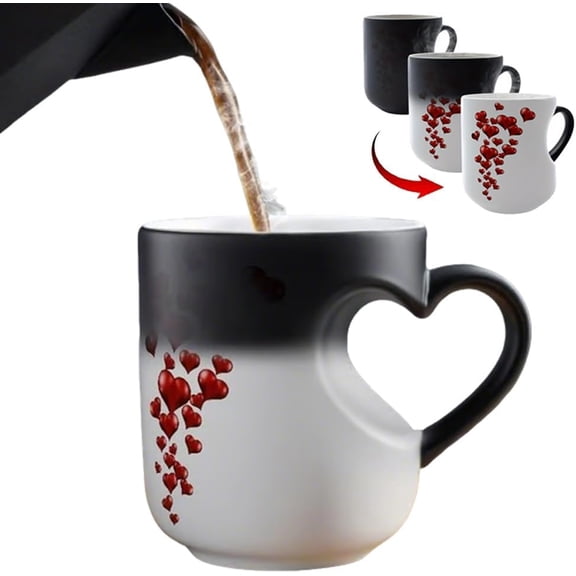 Heart Mug, Heart-Shaped Color Changing Magic Ceramic Mug Funny Color Changing Coffee Cup With Handle That Reveals Surprise Design When Filled With Hot Beverage Romantic Gift