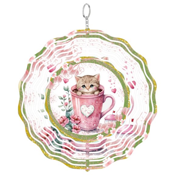 Heart Mug Kitten Cat 3D Wind Spinner Kinetic Metal Hanging Cat Mom Valentine Round